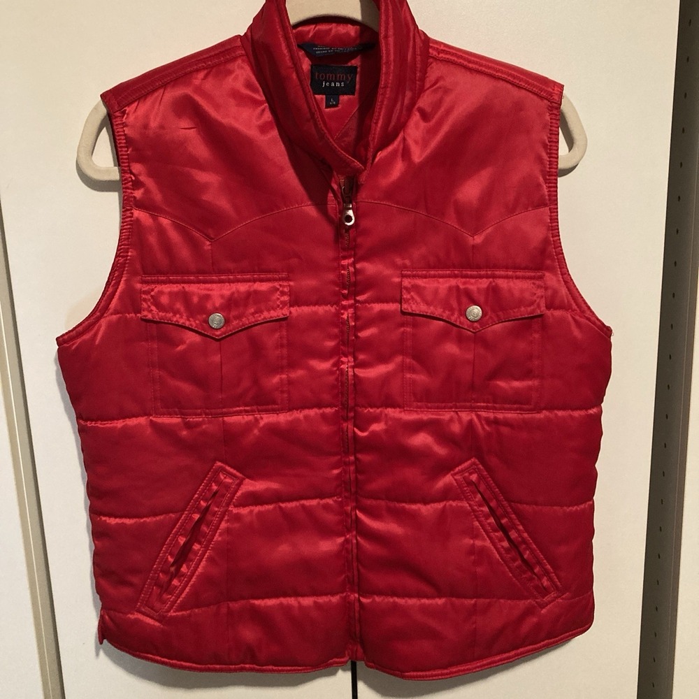 Tommy Hilfiger, Tommy Jeans Puffer Vest Womens Large Red Full Zip Retro Y2K